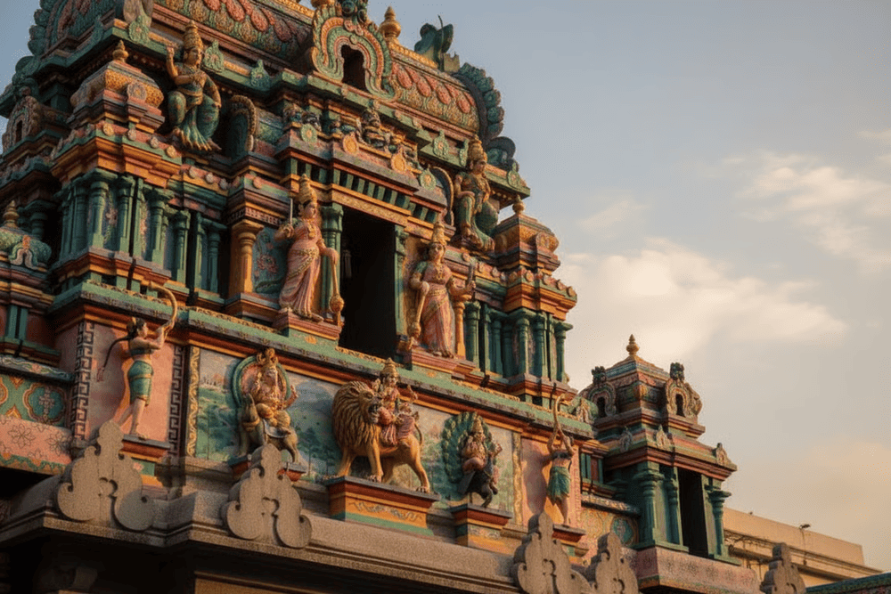 Panoramic view of the vibrant Gopuram tower, adorned with multi-tiered Hindu deities